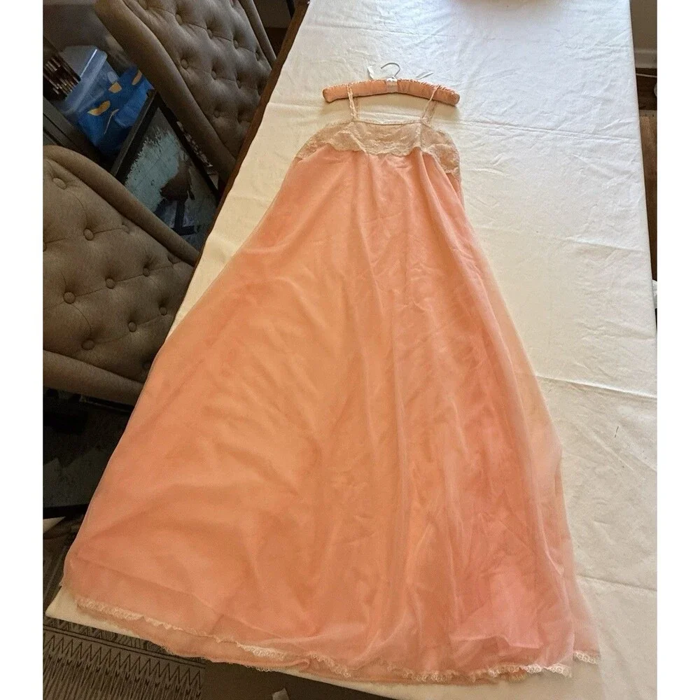 VTG Janelle Nightgown Pink/Coral Lace Bodice Floor Length Maxi Slip Dress